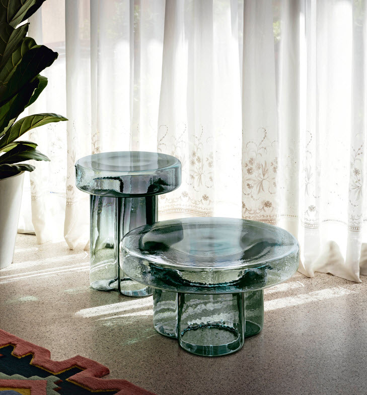 TABLE D'APPOINT EN VERRE VERT PÉTROLE 15” x 17.7” h