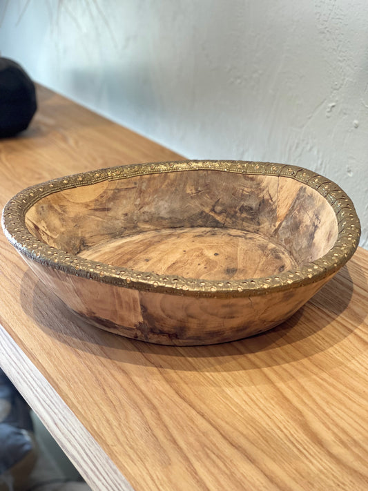 SMALL WOOD BOWL WITH METAL TRIM
