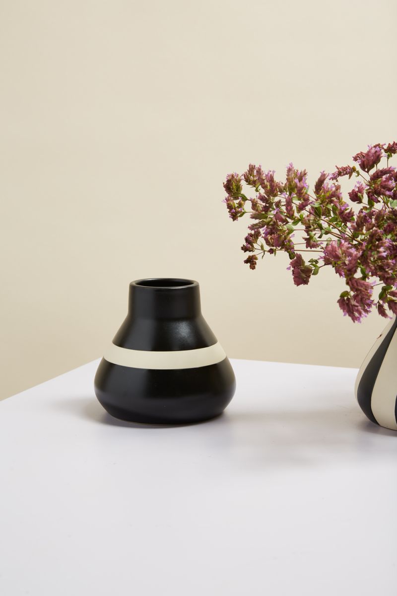 Ceramic Black Vase with Off White Stripe