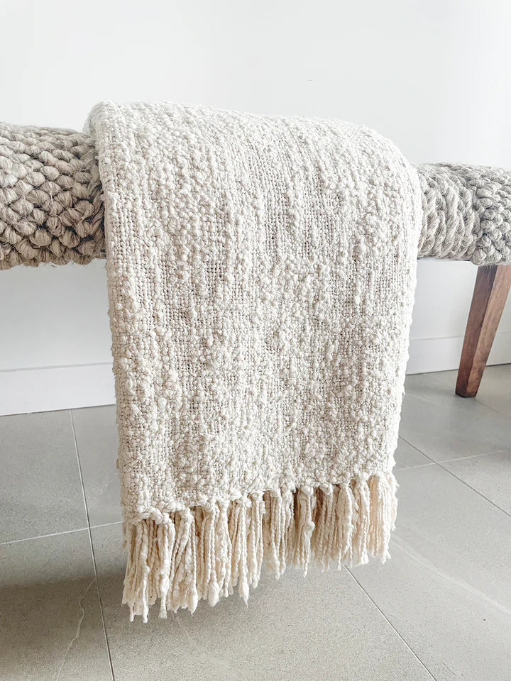 Cozy Cotton Boucle Throw with Fringe - Ivory, 50" x 70"