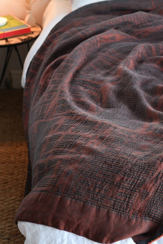 African Jacquard Bogolan Bed Throw - Rust on Charcoal