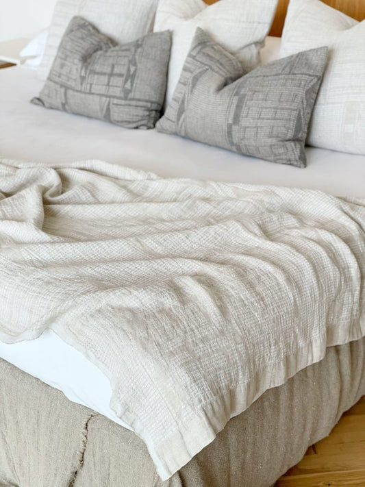 African Jacquard Bogolan Bed Throw - White Sand