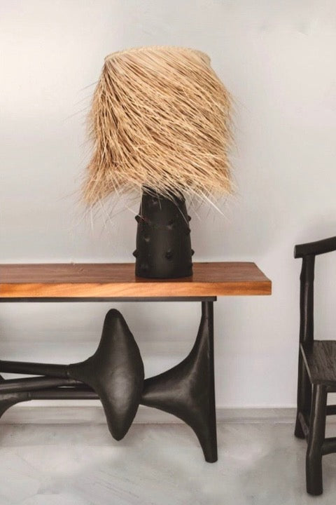 Ceramic Table Lamp with Palm Fiber Shade - Noir