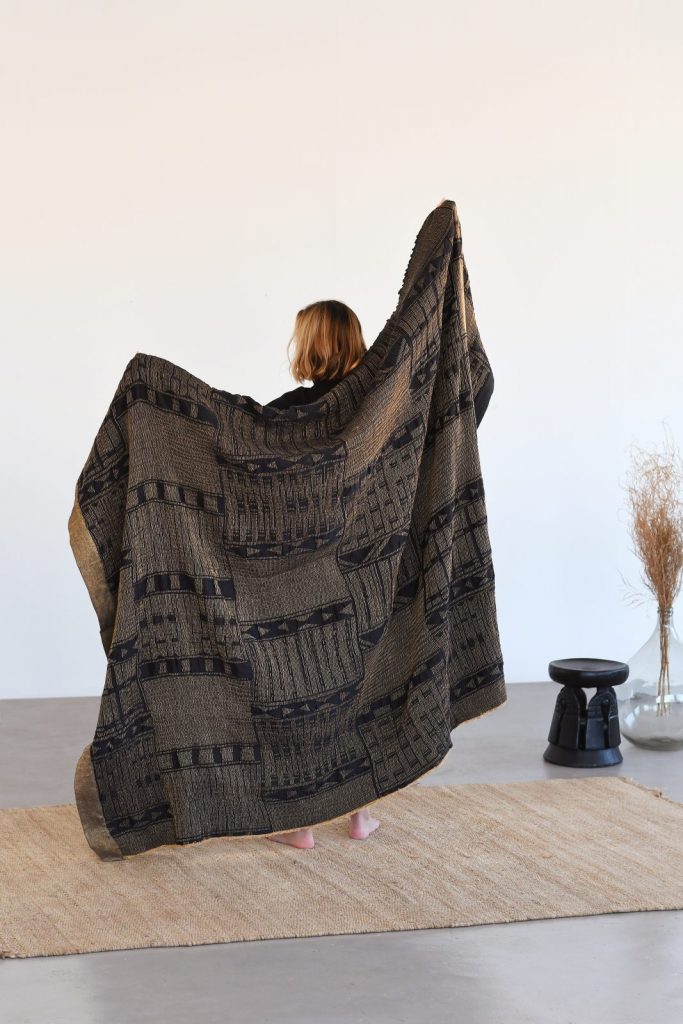 African Jacquard Metallic Bogolan Lounge Throw - Black & Gold