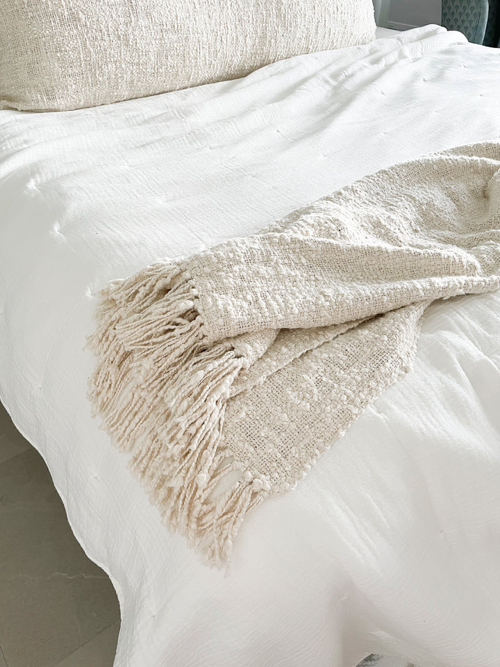 Cozy Cotton Boucle Throw with Fringe - Ivory, 50" x 70"