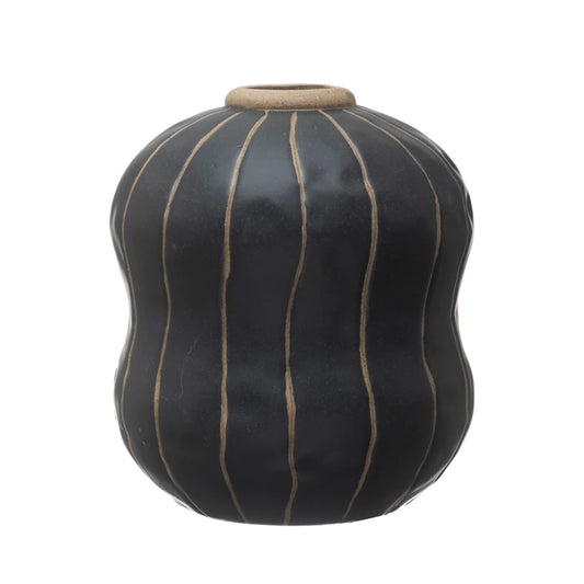 Black Stoneware Vase with Cream Stripes