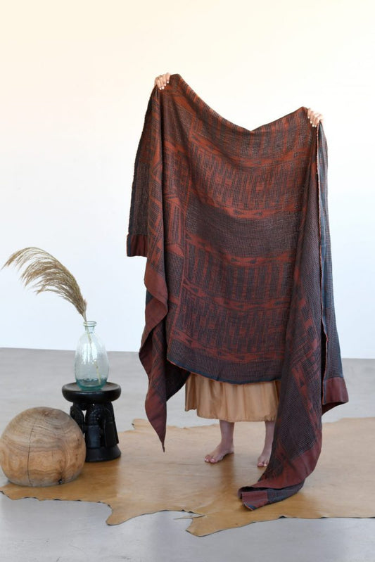 African Jacquard Bogolan Bed Throw - Rust on Charcoal