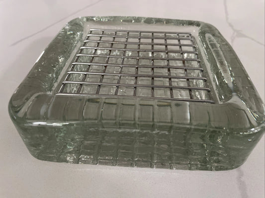 Vintage - 1960's Clear Glass Square Waffle Ashtray - Catchall