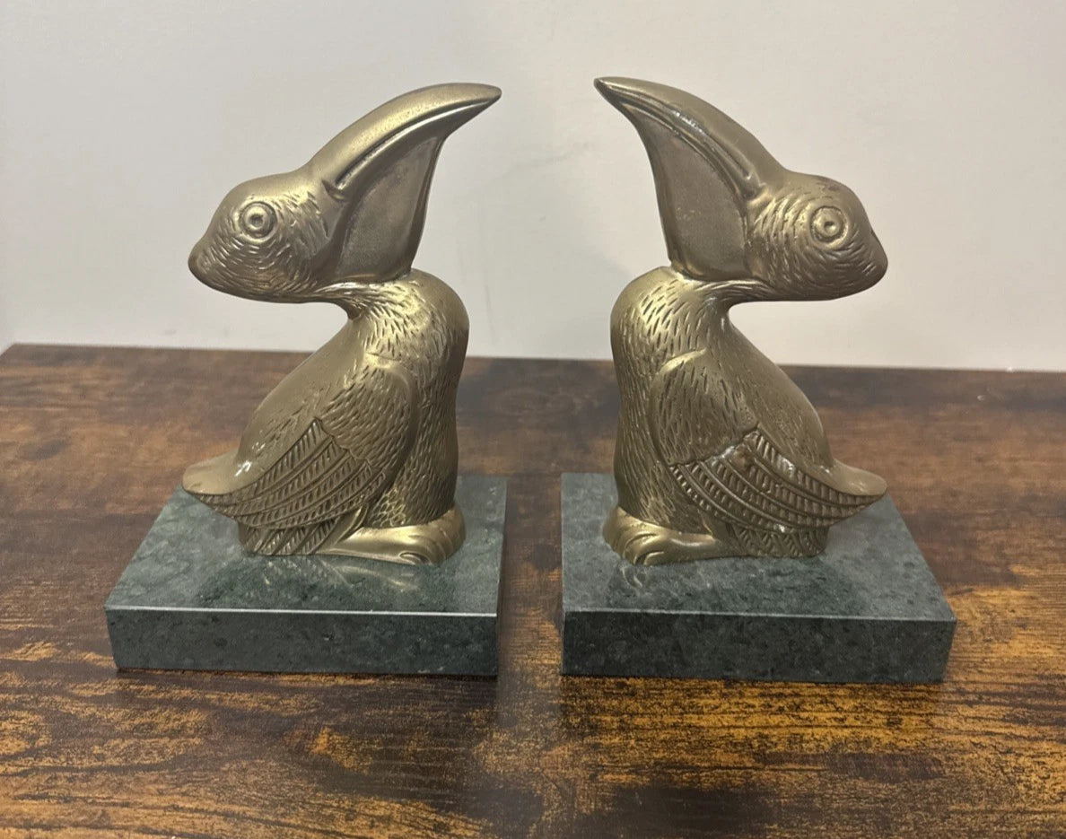 Vintage Brass Pelican Bookends on Marble Base — Pair